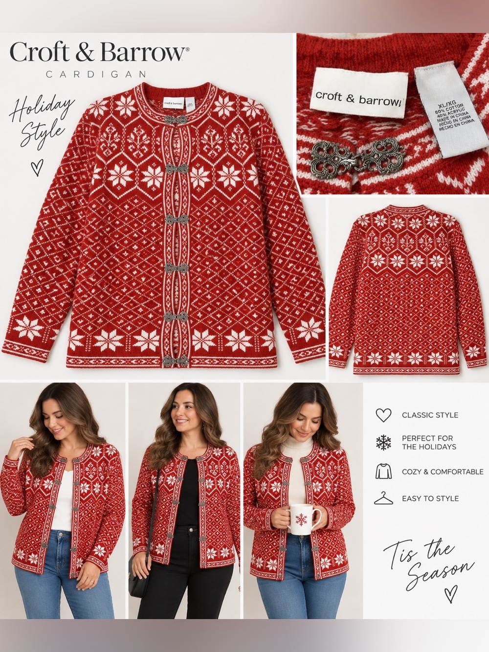 croft & barrow Red Fair Isle Knit Cardigan with Decorative Clasps